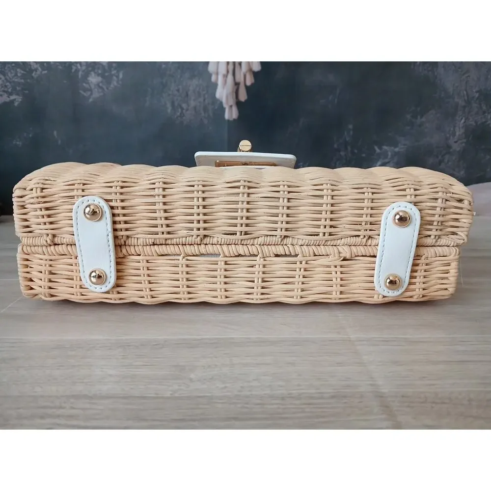 Tommy Bahama Woven Wicker Purse Clutch Bag New With Tags Turnlock Tan Cream - Picture 10 of 15